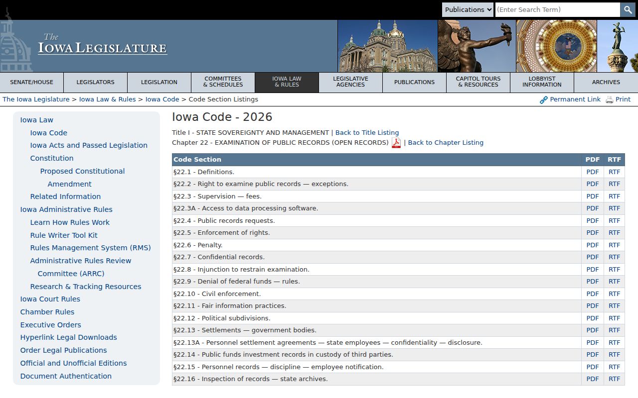 Official Iowa Code chapter 22 public records section listing