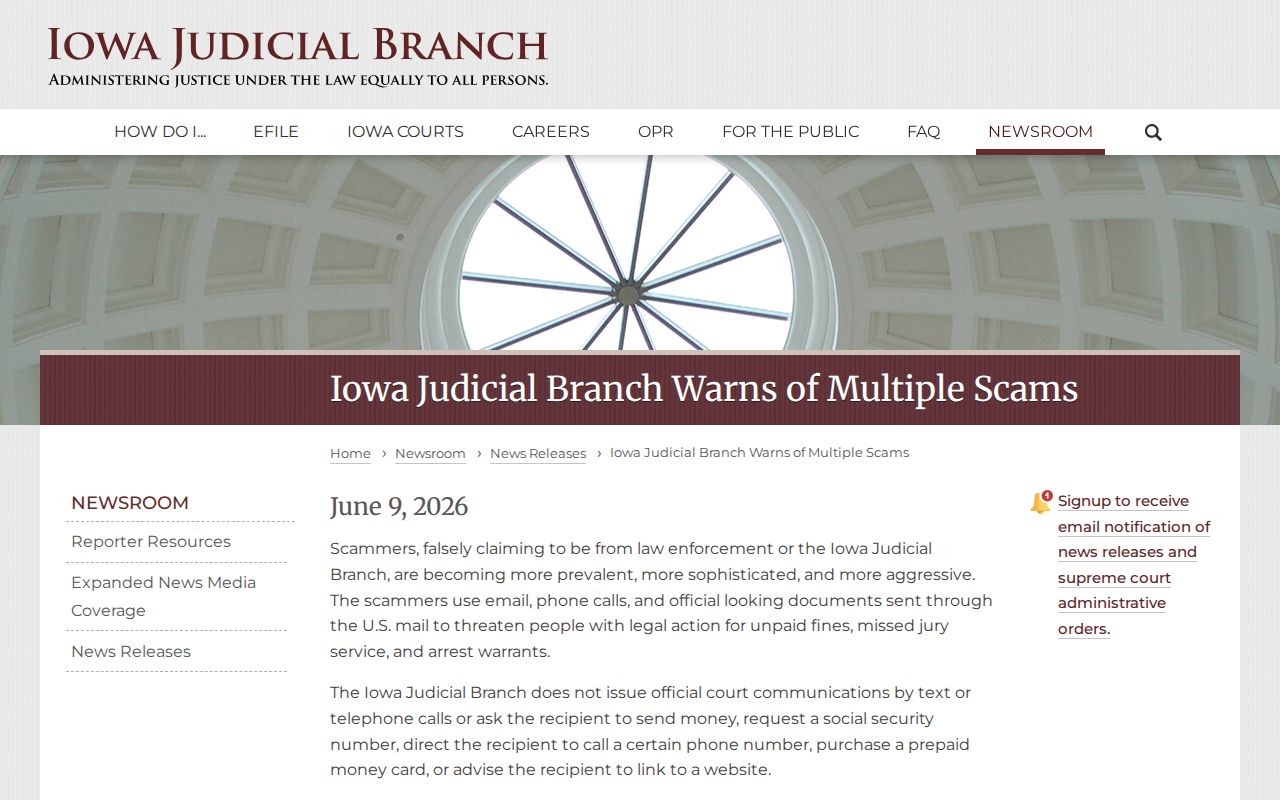 Iowa Judicial Branch warning about traffic warrant and court payment scams