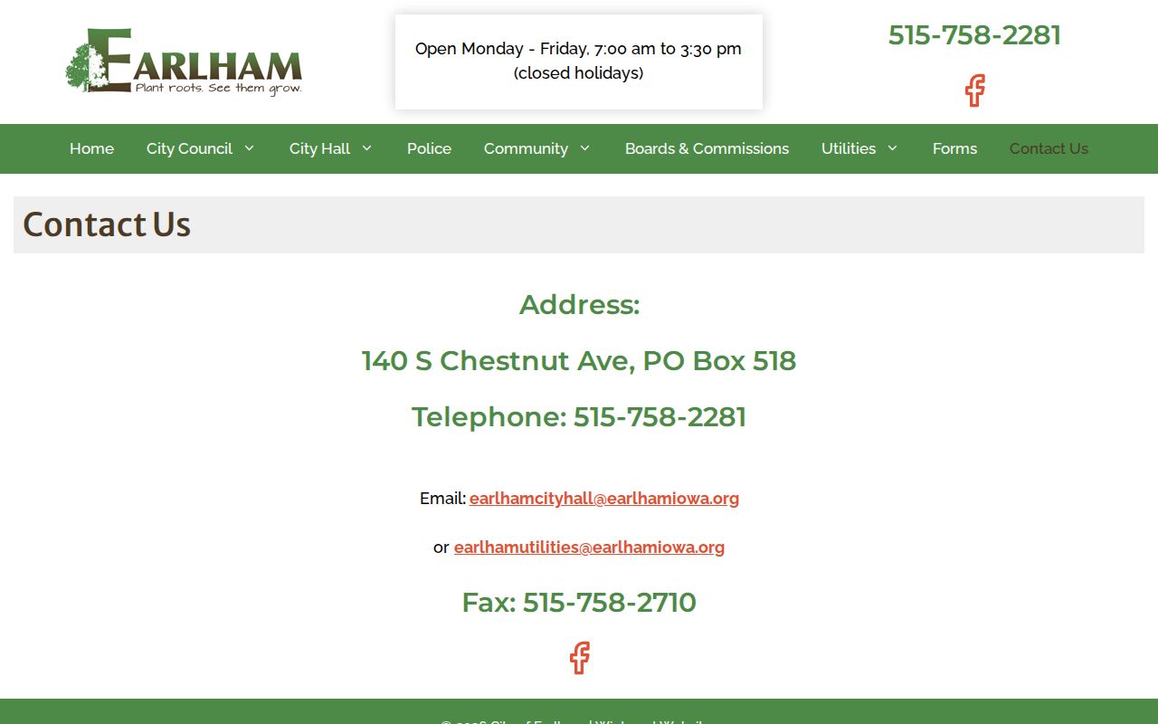 Earlham City Hall contact route for warrant-related city questions