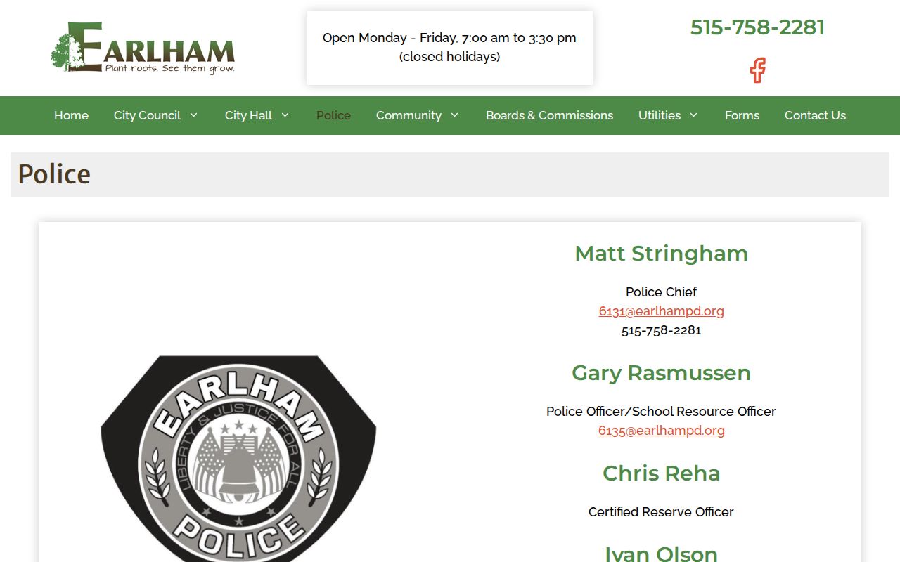 Earlham Police contact for Earlham warrant questions