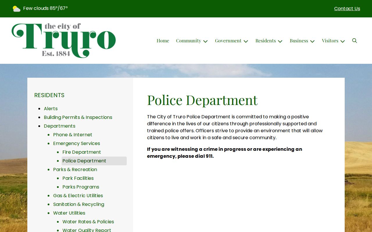 Truro Police page showing the local warrant question doorway